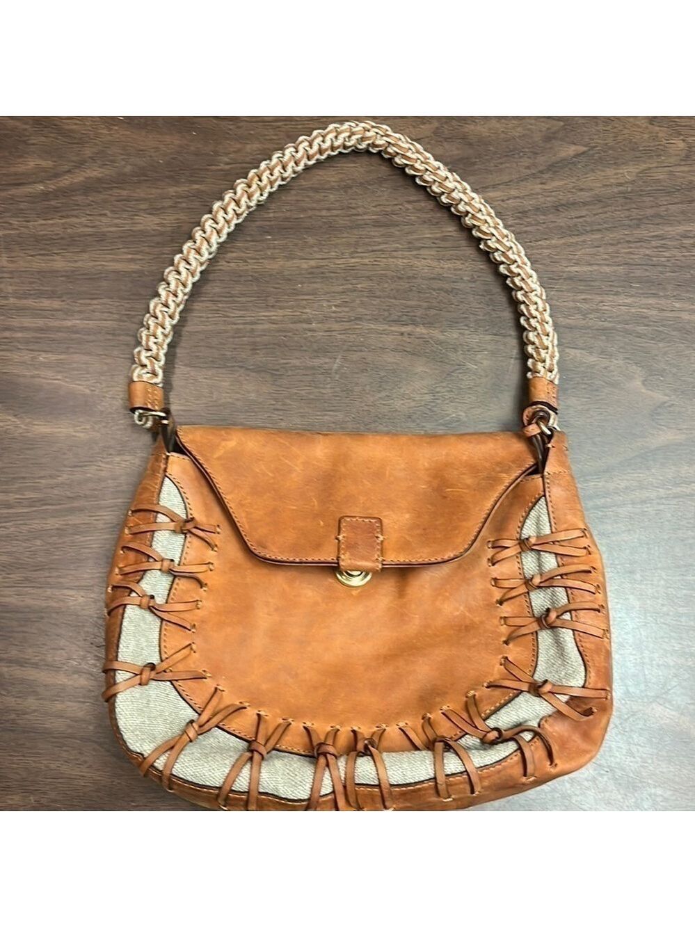 GRYSON Tan Leather Beige Canvas Saddle Bag Purse Shoulder Bag